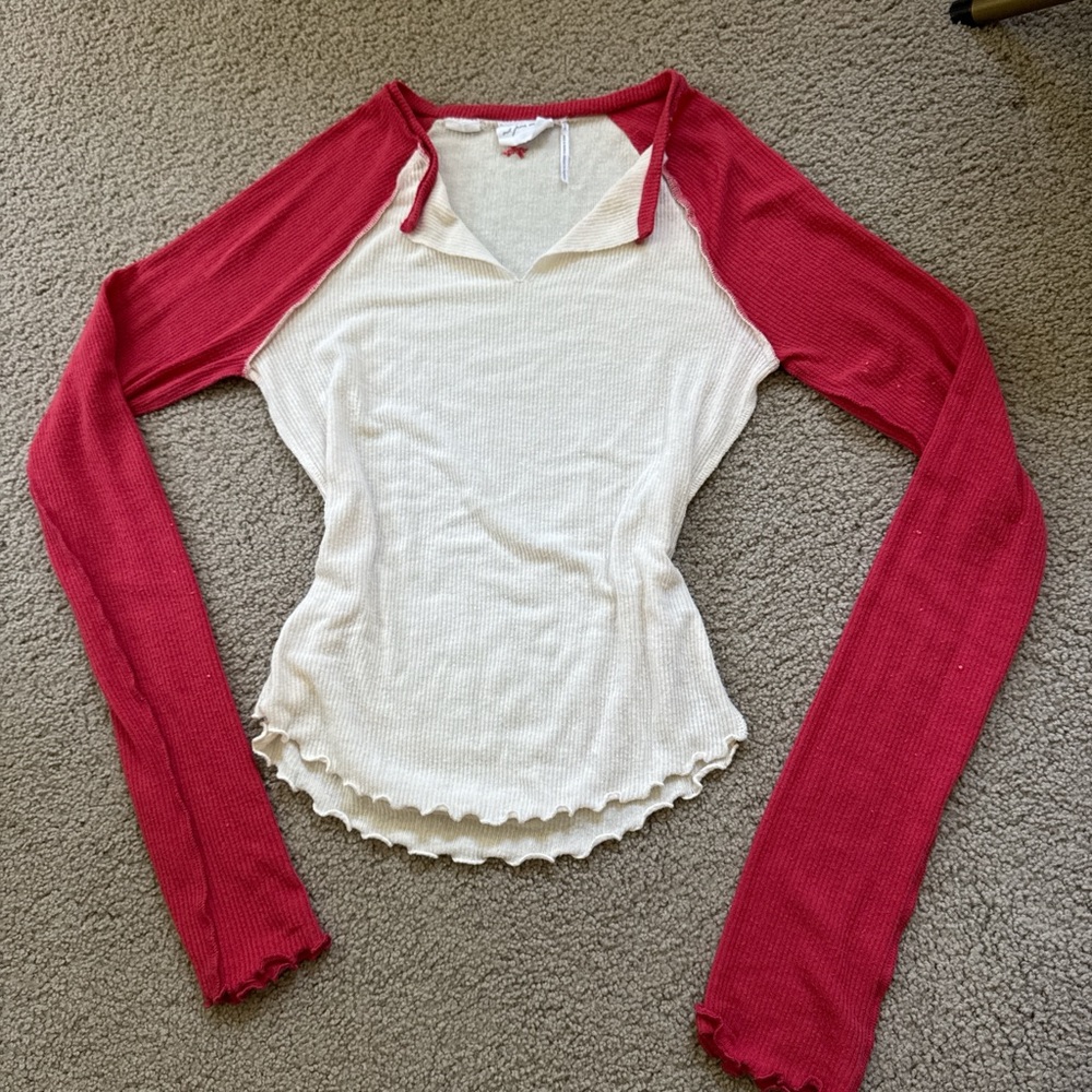 Urban Outfitters Red and Cream Long Sleeve Blouse